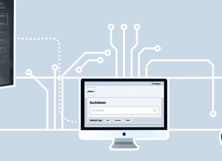 Das Bild zeigt einen PC, der symbolisch für die Zusammenführung aller Daten in die Smart City Datenplattform steht