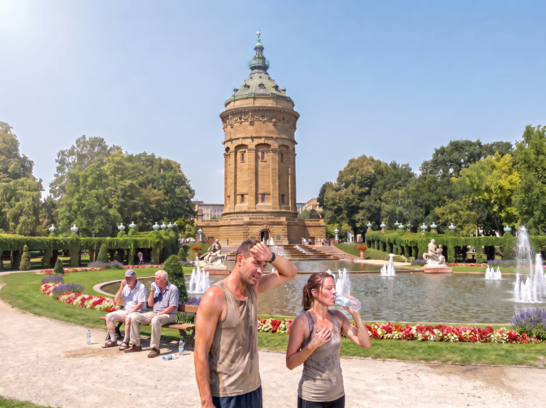 das Bild zeigt eine schwitzende Gruppe von Menschen vor dem Wasserturm in Mannheim