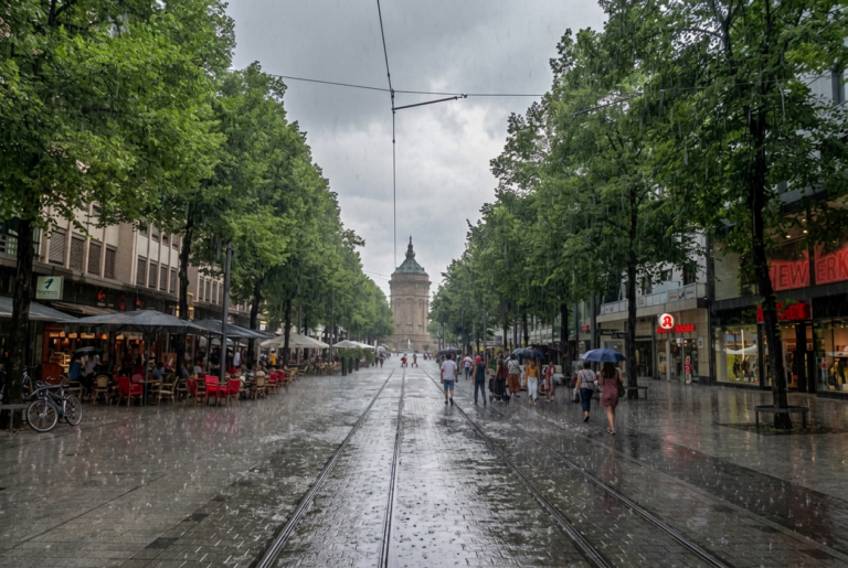 Das Bild zeigt einen verregneten Tag in der Innenstadt von Mannheim