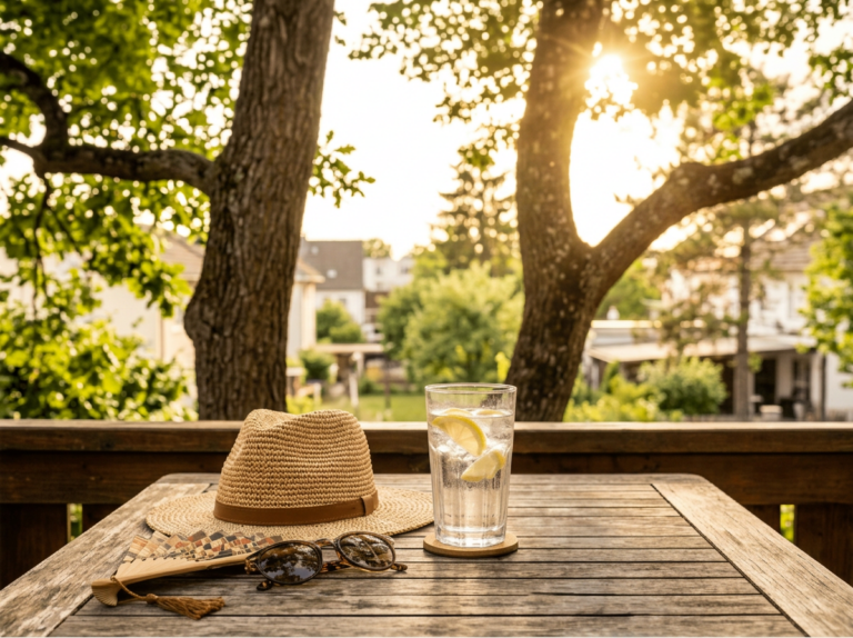 Das Bild zeigt einen Tisch, auf dem ein Strohhut, eine Sonnenbrille, ein Fächer und ein Glas Wasser mit Eis liegen