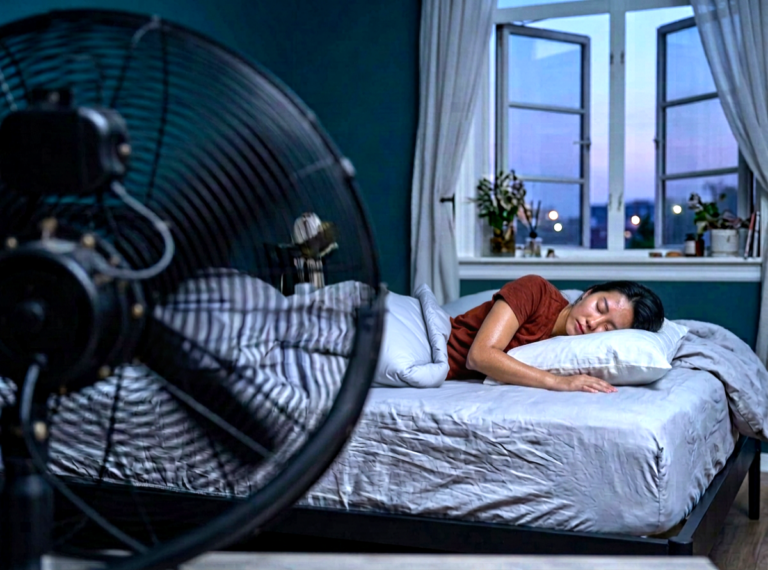 Das Bild zeigt eine Frau beim Schlafen mit offenem Fenster und Ventilator vor dem Bett.