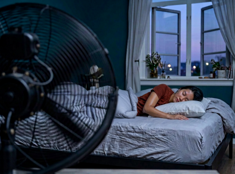 Das Bild zeigt eine Frau beim Schlafen mit offenem Fenster und Ventilator vor dem Bett.