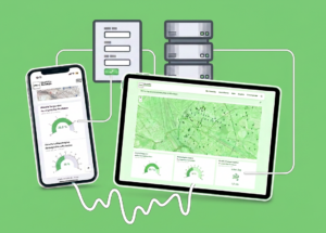 Das Bild zeigt illustrativ Klimadaten-Visualisierungen auf Smartphone und Tablet.