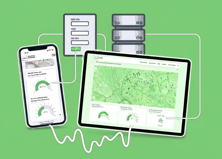 Das Bild zeigt illustrativ Klimadaten-Visualisierungen auf Smartphone und Tablet.