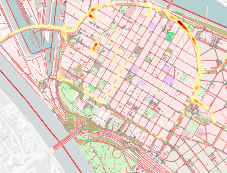 Das Bild zeigt eine Oberfläche von SUMO, auf der Verkehrsströme visualisiert sind
