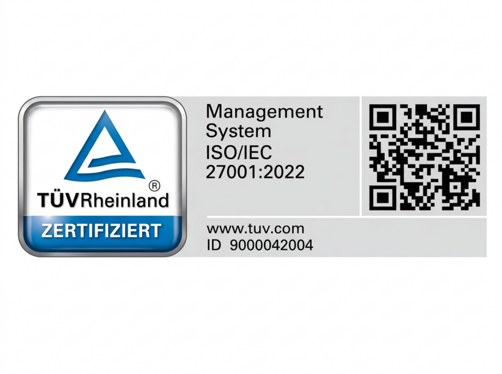 Das Bild zeigt das Logo des TÜV Rheinland, einen QR-Code sowie die Bezeichnung Management System ISO/IEC 27001:2022